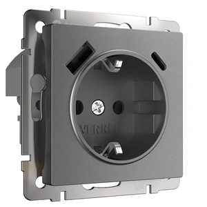 Изображение Розетка с заземлением, шторками и USB тип A+C  (графит матовый) W1171764